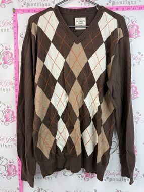 Old Navy argyle sweater Y2k Brown Tan and White Argyle V-Neck Sweater